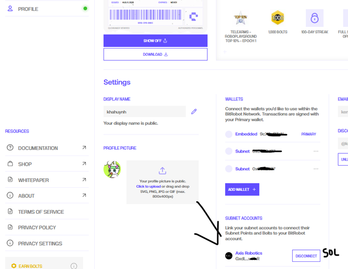 A screenshot of the BitRobot settings page showing a profile named 'khairyyah', display options for wallets (Embedded, Subnet), and an arrow pointing to a 'SOL' annotation next to an 'Axis Robotics' subnet account.