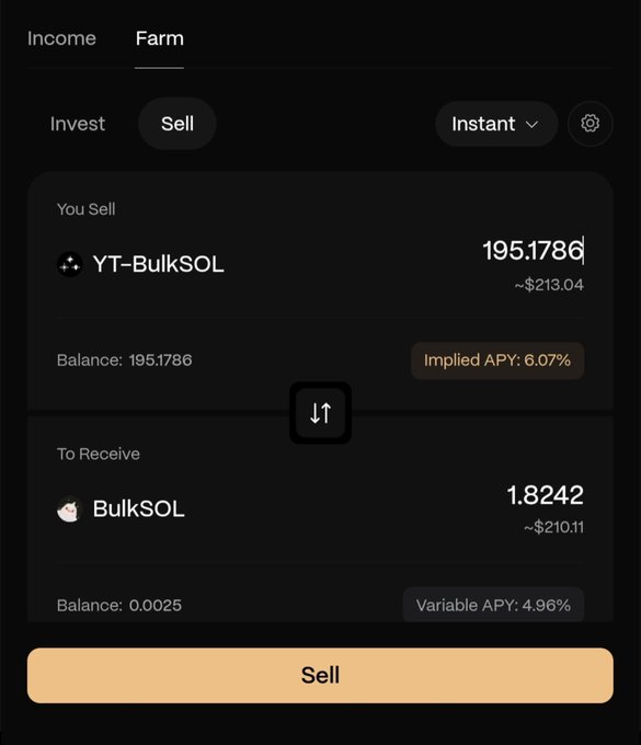 A dark-themed cryptocurrency exchange interface showing a 'Sell' transaction on the 'Farm' tab, converting 195.1786 YT-BulkSOL into 1.8242 BulkSOL with an Implied APY of 6.07%.