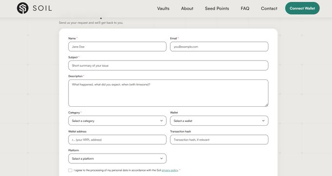 A contact and support request form on the SOIL website (Vaults, About, Seed Points, FAQ, Contact) with fields for Name, Email, Subject, Description, Category, Wallet, wallet address, transaction hash, and Platform.
