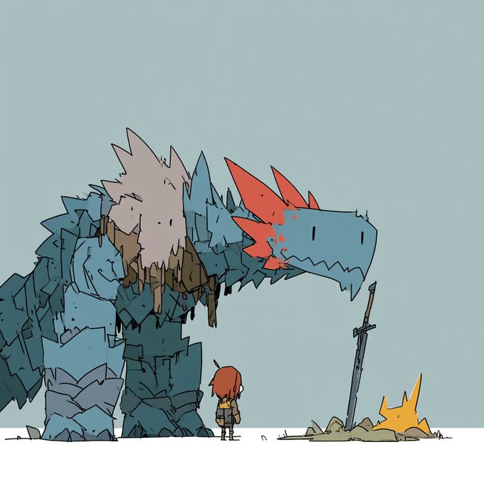 A cartoon illustration depicting a tiny red-haired character with a sword standing before a massive, defeated blue dragon-like creature with red accents, in a minimalist style.