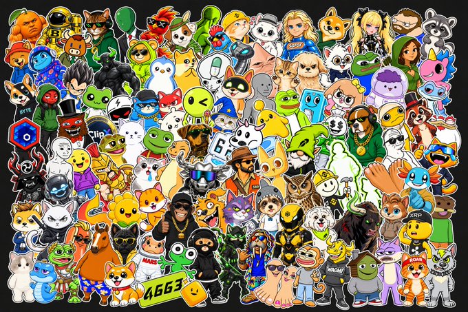 A dense collage featuring numerous cartoon-style doge characters, popular memes, and anime figures arranged tightly together on a black background, including recognizable characters and meme references like 'Mars', 'LICK', and 'BOOM'.