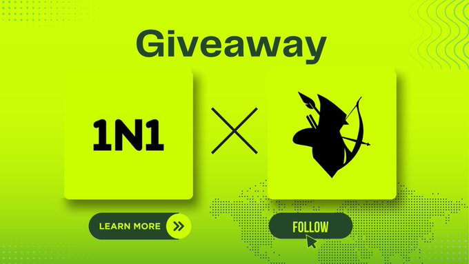 A bright green promotional "Giveaway" graphic featuring "1N1" and a Robin Hood silhouette logo separated by an "X," with "LEARN MORE" and "FOLLOW" buttons below, promoting a partnership giveaway between 1n1pfp and RobinHub_xyz.
