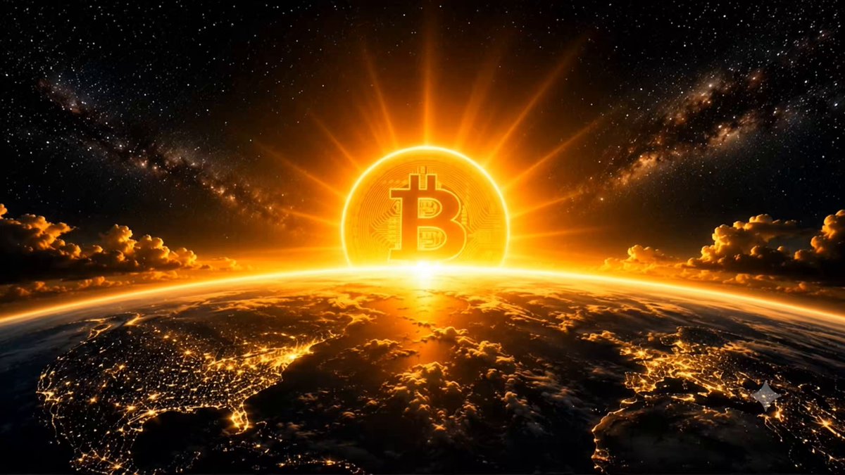 "The Dawn of a New Era $BTC". This phrase is written above the Bitcoin logo, which is a sun with a Bitcoin symbol at its center. The sun appears to be rising or setting over the Earth, creating an atmospheric scene that complements the Bitcoin logo.