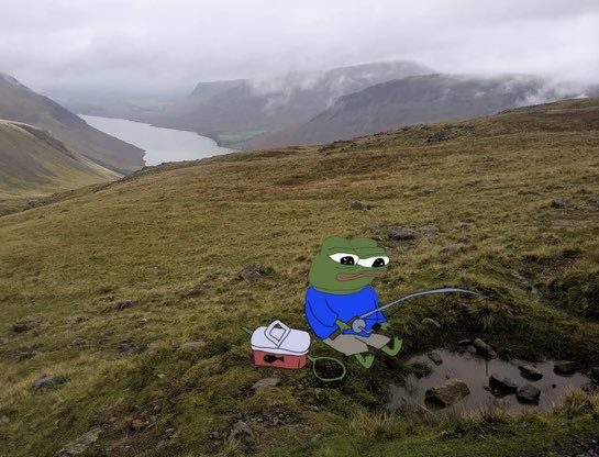 The image shows the cartoon frog "Pepe the Frog" fishing on a grassy hillside with a small cooler beside him, with a misty lake and mountains in the background. The caption humorously suggests Pepe has retreated to a remote, tranquil fishing spot—away from the chaos of running the Binance crypto account mentioned in the post.