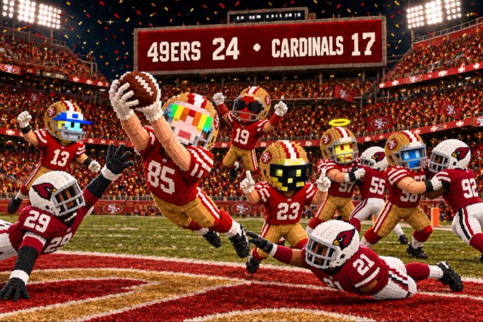 A vibrant digital artwork depicts Minecraft-style 49ers players celebrating on the field after a 24-17 victory over the Cardinals, with confetti falling and a scoreboard displayed overhead.