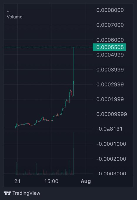 TradingView chart showing a sudden vertical price spike with highlighted price points at 0.0004999 and 0.0005505, with dates ranging from July 21 to August.