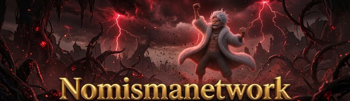 A dark fantasy banner reading 'Nomismannetwork' featuring a silver-haired anime-style character in a white fur coat standing before a red, lightning-filled apocalyptic landscape.