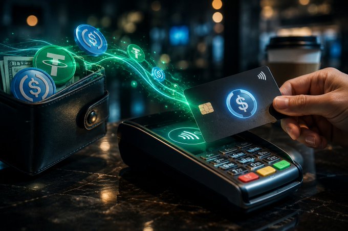 A conceptual image showing a hand tapping a black card with a dollar sign on a payment terminal, with digital coins flowing out of a wallet alongside US dollar bills, representing digital payments and stablecoins.