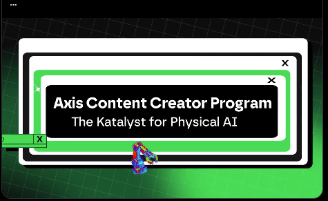 A digital graphic displays stacked browser windows with the text 'Axis Content Creator Program: The Katalyst for Physical AI' against a green grid background, featuring a small 3D character.