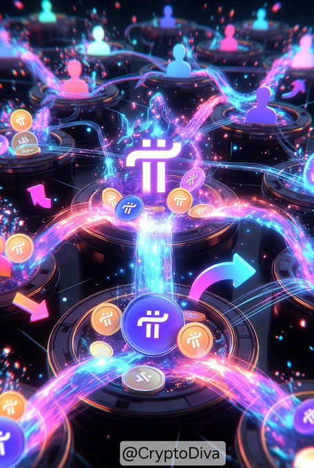 A vibrant digital graphic showing interconnected crypto token icons (Pi cryptocurrency) with glowing pink and blue energy streams flowing between nodes, watermarked '@CryptoDiva'.