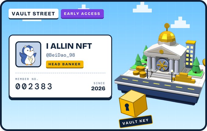 A digital graphic or NFT profile card labeled 'VAULT STREET' and 'EARLY ACCESS' featuring a penguin avatar, the text 'I ALLIN NFT', the username '@BeiDao_98', and 'MEMBER NO. 002383 SINCE 2026'.
