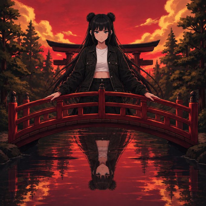 A stoic anime figure with twin buns and a black jacket stands on a crimson arched bridge under a blood-red sky, her inverted reflection mirrored in the water below, framed by a torii gate and silhouetted evergreens—evoking the bold, dramatic rise referenced in the post about the collective "Eight Rise" / @0xhazels.