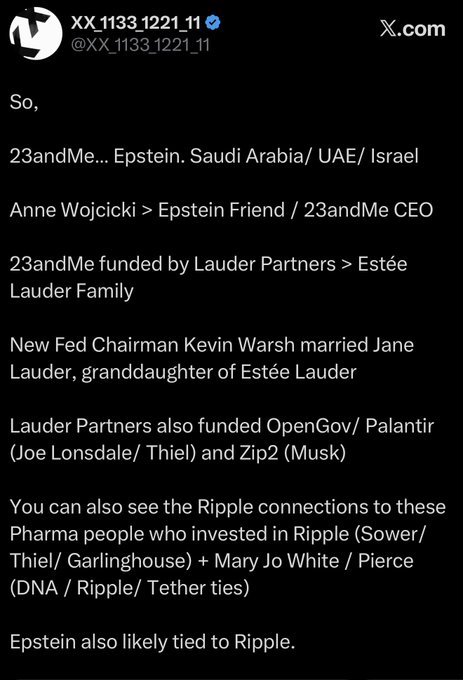 A screenshot of an X.com post from account "XX.1133.1221.11" discussing conspiracy theories connecting 23andMe, Epstein, Saudi Arabia/UAE/Israel, Anne Wojcicki, Lauder Partners, Kevin Warsh, Palantir, Ripple, and other entities.