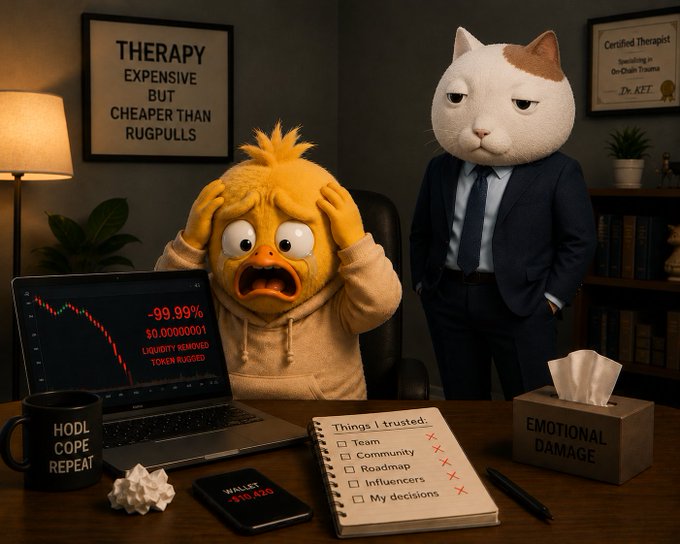 A meme image showing a panicked yellow bird character at a desk with a crashing chart reading '-99.99%', being observed by a serious cat therapist, with humorous props like 'EMOTIONAL DAMAGE' tissues and a 'HODL COPE REPEAT' mug.