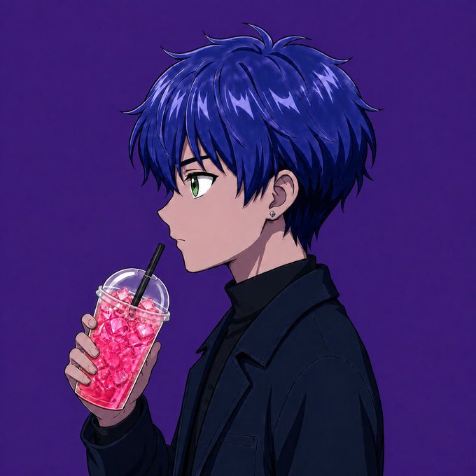 An anime-style illustration of a blue-haired boy in a black coat drinking a pink iced beverage through a straw against a purple background.