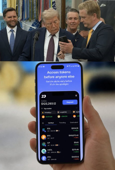 A composite image showing U.S. politicians (including JD Vance, Donald Trump, and others) at a podium on top, with a hand holding a smartphone displaying a crypto portfolio app showing a $123,293.12 balance and tokens like SOL, BTC, ILP, mSOL, and ETH.