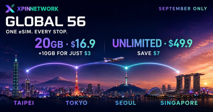 An advertisement for XPINNETWORK's 'GLOBAL 56' eSIM plan featuring cityscapes of Taipei, Tokyo, Seoul, and Singapore, with pricing for 20GB at $16.9 and Unlimited at $49.9 for September only.