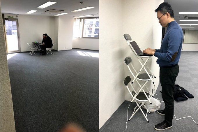 The image shows a split view: on the left, a person works at a makeshift standing desk made from folding chairs and a laptop in what appears to be an early, sparsely furnished office space, and on the right, a man (likely Changpeng Zhao) stands working at the same improvised ergonomic setup. This aligns with the post's description of Binance's humble early office days, highlighting the resourceful, budget-friendly desk arrangement that CZ championed.