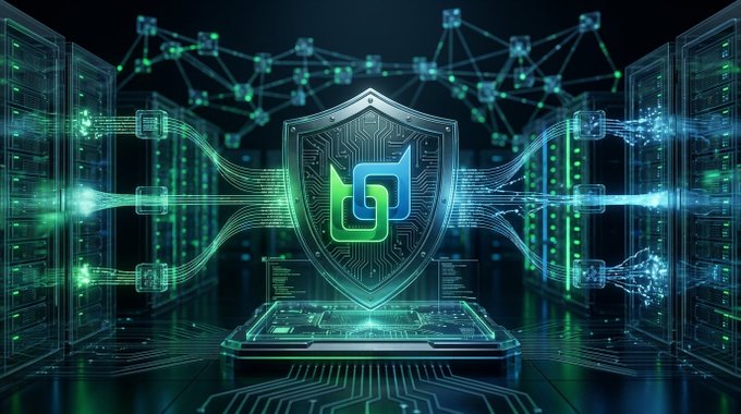 A digital illustration showing a glowing green and blue shield logo with circuit board patterns, flanked by server racks and network connections against a dark technological background.