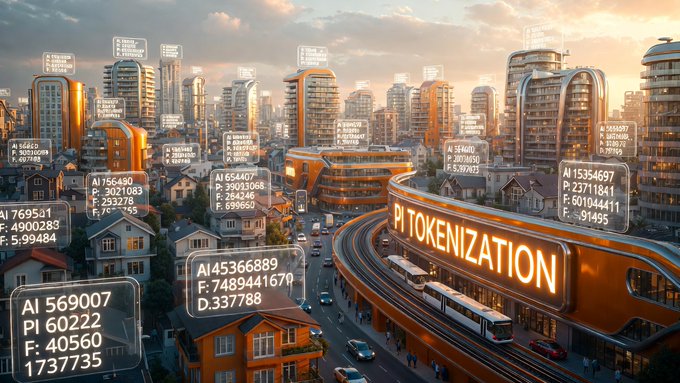 A futuristic cityscape with floating AI data tags showing AI IDs and 'PI TOKENIZATION' displayed on a curved building.