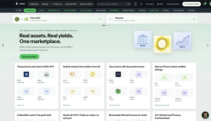 The image displays the homepage of Prism, a marketplace for tokenized real-world assets, featuring sections like "Treasuries & cash" (US2Y 4.25% APY), "Gold & metals" (XAUT $4,392.02, PAXG $4,151), "Top movers" (TSLAx +4.30%, NVDAx +3.40%), and new listings like HIS and MTT, aligning with the post's announcement of building an Amazon-like platform for tokenized assets.