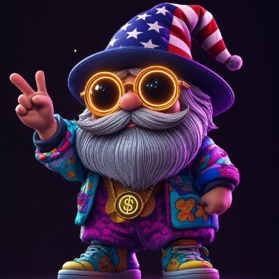 A colorful 3D-rendered gnome wearing an Uncle Sam-style American flag hat, gold sunglasses, a psychedelic outfit, and a dollar sign necklace makes a peace sign.