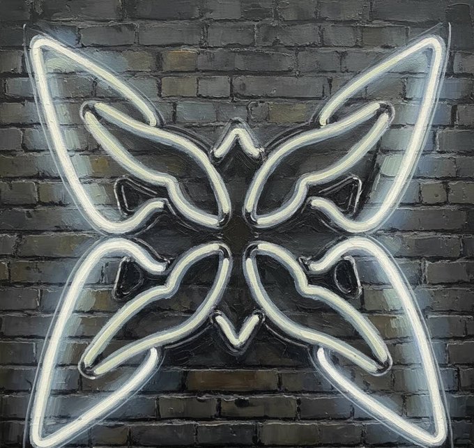A neon sign shaped like a butterfly or bowtie design, glowing white against a dark brick wall background.