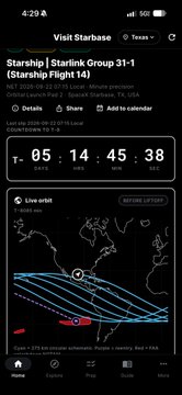 A mobile app screenshot titled 'Visit Starbase' shows a 'Starship | Starlink Group 31-1' mission page with countdown timer 'T- 05 : 14 : 45 : 38' and a world map showing the orbital trajectory.