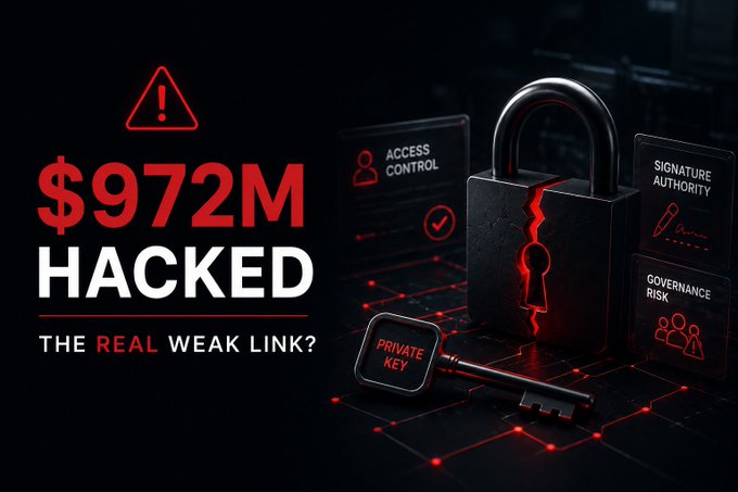 A cybersecurity-themed graphic displays '$972M HACKED - THE REAL WEAK LINK?' alongside a broken padlock, key, and panels labeled 'ACCESS CONTROL', 'SIGNATURE AUTHORITY', and 'GOVERNANCE RISK'.