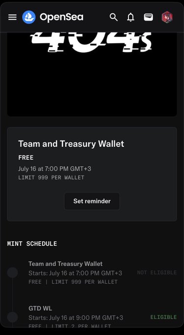 Screenshot of an OpenSea mint page for "Team and Treasury Wallet" by 404s (FREE, 999 per wallet, starting July 16 at 7:00 PM GMT+3), alongside a "GTD WL" allocation marked as ELIGIBLE—reflecting the poster's successful allowlist spot and free mint opportunity from the 404s Ethereum project.