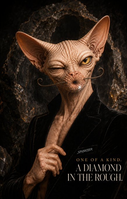 A stylized portrait of a Sphynx cat wearing a black suit, posing next to a diamond, with text reading 'SPHYNXTER - ONE OF A KIND. A DIAMOND IN THE ROUGH.'