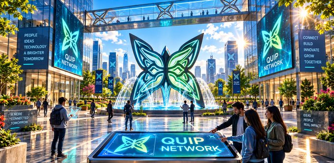 A digital rendering of a futuristic plaza with a large glowing green butterfly logo and 'QUIP NETWORK' branding, surrounded by people and digital screens promoting connecting technology and innovation.