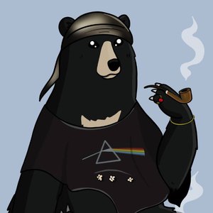 An illustration of a black bear character wearing a Pink Floyd 'Dark Side of the Moon' shirt and a headband, smoking a pipe against a light blue background.