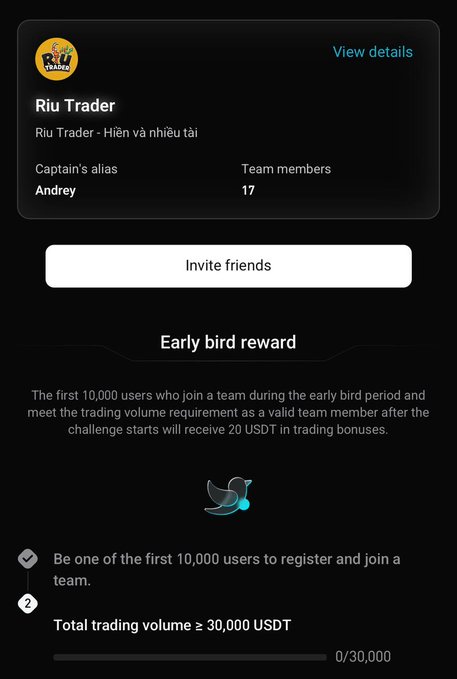 A mobile app screen for "Riu Trader" shows team details with Captain's alias "Andrey" and 17 team members, along with an "Early bird reward" offer for the first 10,000 users to register and meet a trading volume of 30,000 USDT.