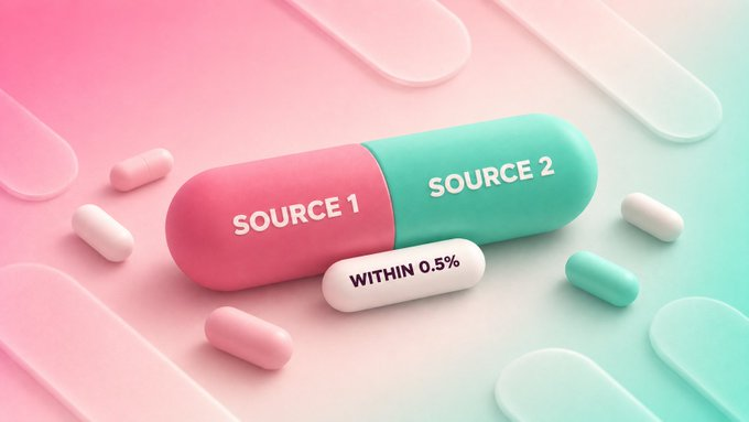 A 3D graphic shows a pink and teal capsule labeled 'SOURCE 1' and 'SOURCE 2' alongside a white pill marked 'WITHIN 0.5%', surrounded by scattered pills on a pastel background.