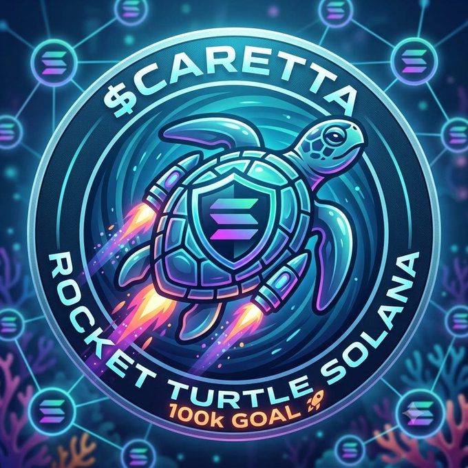 A vibrant neon-style logo features a rocket-boosted turtle with a Solana shield, surrounded by the text "$CARETTA," "ROCKET TURTLE SOLANA," and "100K GOAL 🚀," promoting the relaunch of the $CARETTA memecoin on Pump.fun. The cosmic design and rocket imagery reinforce the post's message of the token's triumphant return and moonshot ambitions.