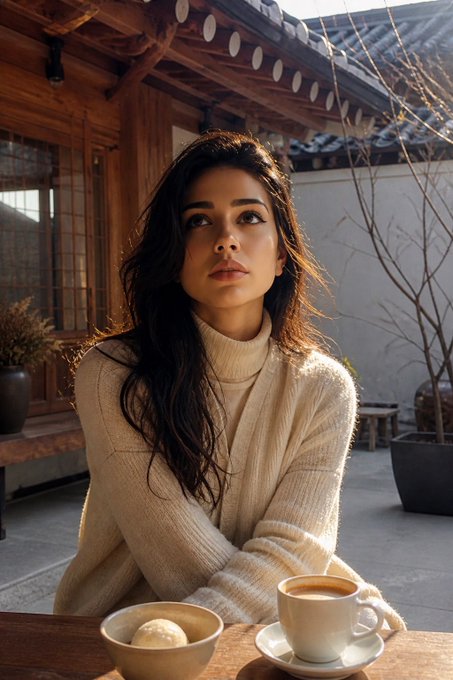 A young woman with long dark hair sits at a wooden table outdoors in front of a traditional building, wearing a cream-colored turtleneck sweater beside a cup of coffee and a small bowl.