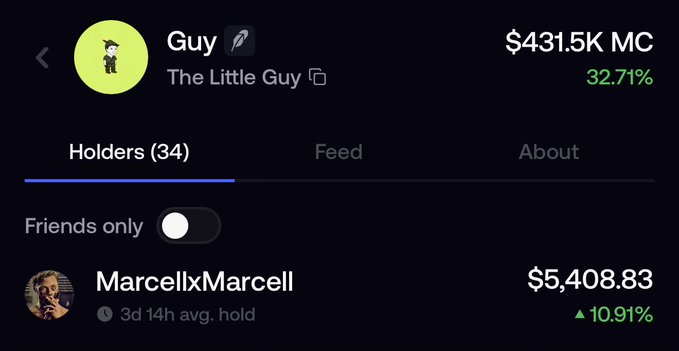 A screenshot shows the "Guy" NFT collection, nicknamed "The Little Guy," with a market cap of $431.5K and a 32.71% gain, displayed alongside top holder MarcellxMarcell who holds $5,408.83 worth. The post's reference to "shutting down the Robinhood meta" ties into this collection, which features a cartoon character depicting a regular investor—positioning it as a humorous counter to Wall Street/finance-themed NFT projects.