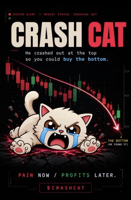 A 'Crash Cat' meme poster featuring a crying cartoon cat under a downward stock chart, with text 'He crashed out at the top so you could buy the bottom' and 'PAIN NOW / PROFITS LATER'.