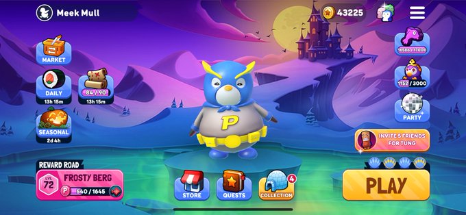 A screenshot of the Pudgy Party game interface featuring a blue penguin character named "Meek Mull" in a batman-like costume, showing a score of 43225, a "Frosty Berg" reward road at 72/1645, and various menu options including Market, Daily, Seasonal, Store, Quests, and Collection. The image relates to the post by showcasing an early preview of game features being developed specifically for Pudgy Party holders.