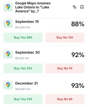 A prediction market interface showing a Google Maps poll about renaming "Lake Ontario to 'Lake America'" with options for September 15 (88%), September 30 (92%), and December 31 (93%), each showing Buy Yes and Buy No prices.