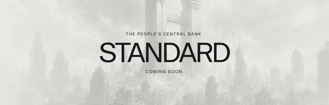A minimalist title card reading 'THE PEOPLE'S CENTRAL BANK STANDARD COMING SOON' over a faded cityscape background.