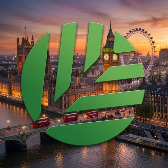 A cityscape of London at dusk, featuring the Palace of Westminster, Big Ben, and the London Eye, overlaid with a large green graphic resembling a globe or signal.