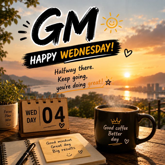 A 'GM Happy Wednesday!' motivational graphic with a sunset background, showing a calendar displaying 'WED DAY 04', a coffee mug labeled 'Good coffee Better day', and sticky notes reading 'Good mindset, Great day, Big results'.