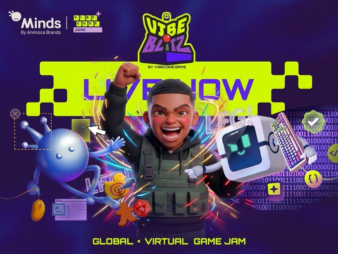 A promotional graphic for 'VTuber Blitz' by VibecodeGame, a global virtual game jam powered by Minds and 1001 Game.