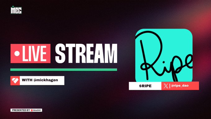 A promotional graphic for a "LIVE STREAM" featuring the "$RIPE" logo and branding for @ripe_dao, hosted by @mickhagen, presented by MCG. The image advertises an upcoming interview or discussion with the Ripe DAO team scheduled for Tuesday, September 8th at 1:00 PM EDT.