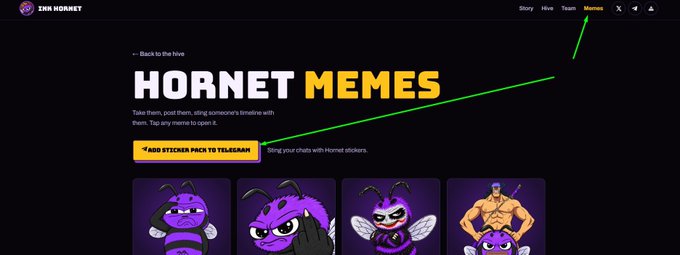 A screenshot of the INR Hornet website showing a 'HORNET MEMES' section with an arrow pointing to the 'Memes' tab in the top navigation menu and a yellow '*ADD STICKER PACK TO TELEGRAM*' button.