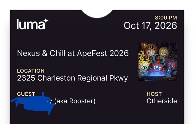 An event invitation for 'Nexus & Chill at ApeFest 2026' hosted by Otherside on Oct 17, 2026 at 8:00 PM at 2325 Charleston Regional Pkwy, featuring colorful NFT character art.