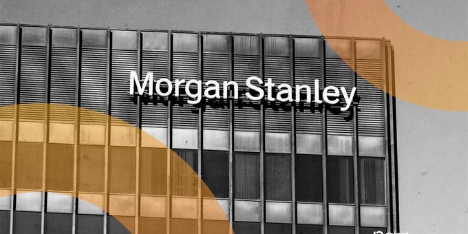 The building facade displays the "Morgan Stanley" name, highlighting their increasing involvement in cryptocurrency through new ETH and SOL funds with staking rewards.