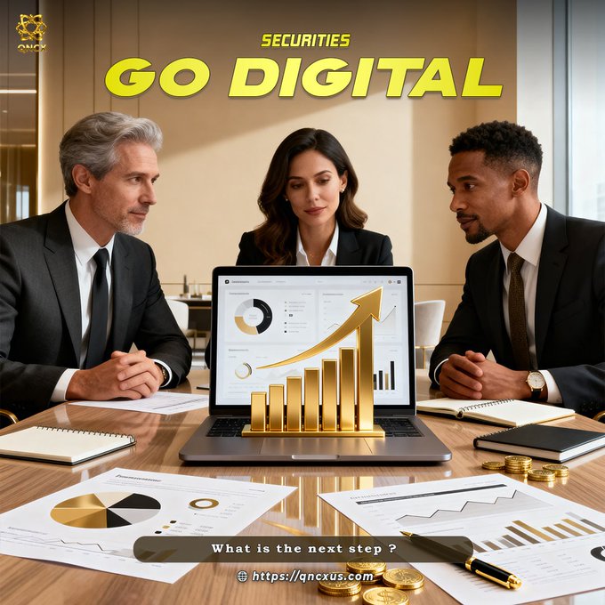 Three business professionals examine a laptop displaying rising bar charts and a golden upward arrow, surrounded by financial reports and gold coins on a wooden desk.

Key text visible: "SECURITIES GO DIGITAL," "What is the next step?" and "https://qncxus.com"

The image visually reinforces the post's theme of digital transformation in capital markets, depicting institutional decision-makers analyzing growth data—a fitting representation of how tokenized securities and digital assets are driving measurable advancement in modern financial systems.
